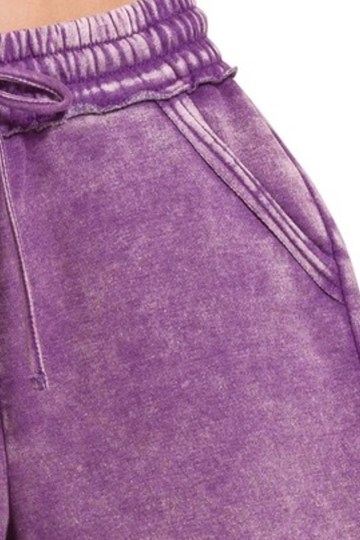 Zenana Acid Wash Fleece Drawstring Shorts With Pockets in Violet
