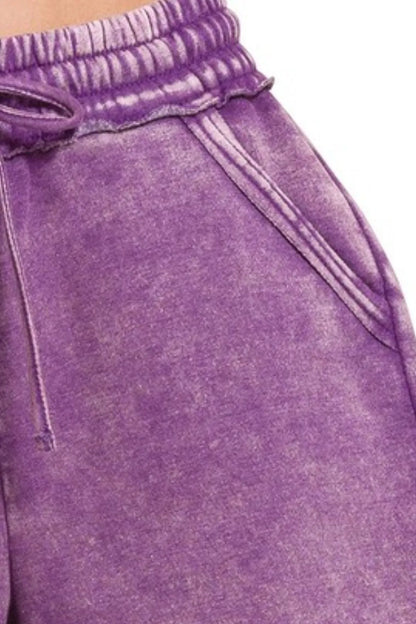Zenana Acid Wash Fleece Drawstring Shorts With Pockets in Violet