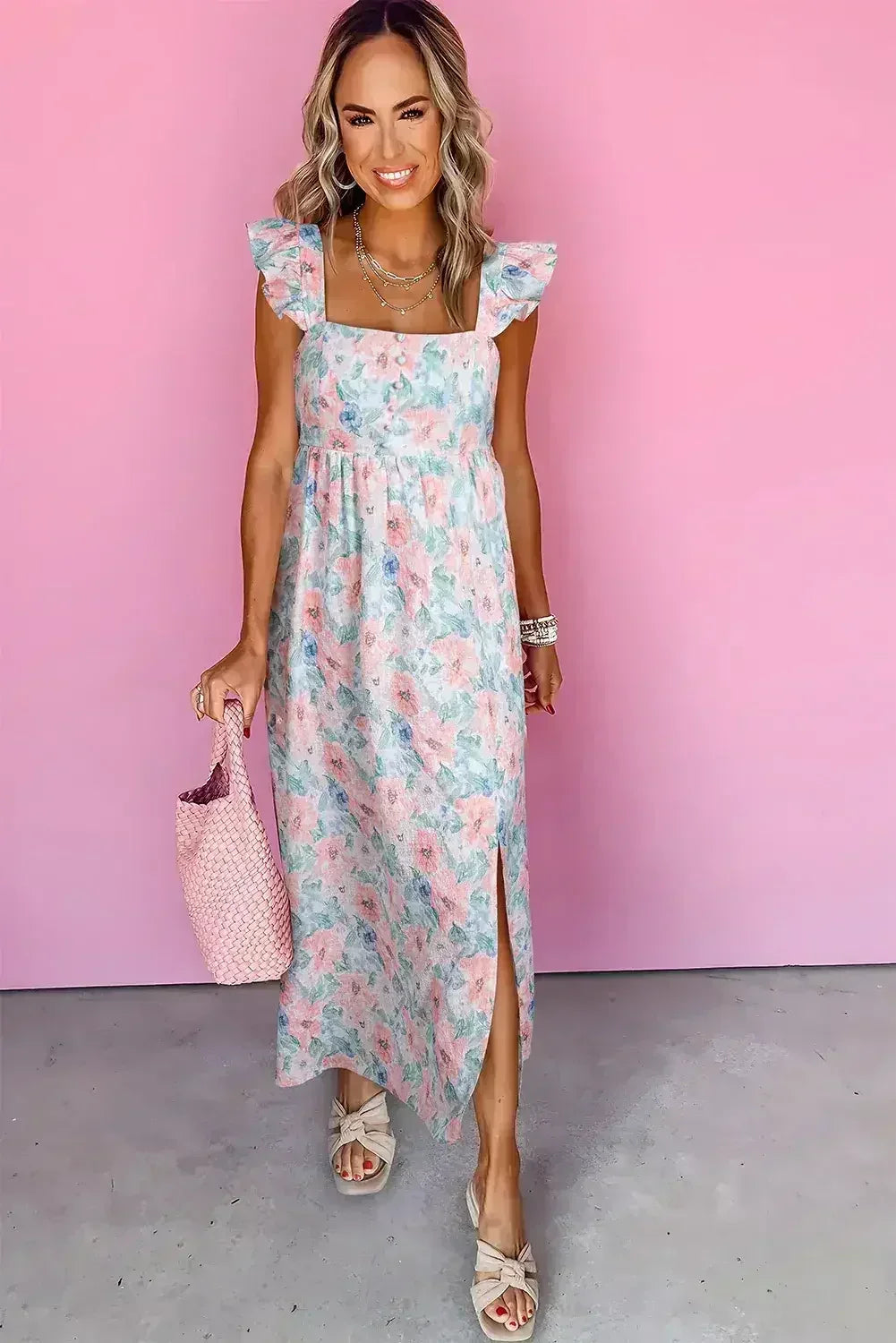 Pink Floral Print Square Neck Backless Dress with Slit