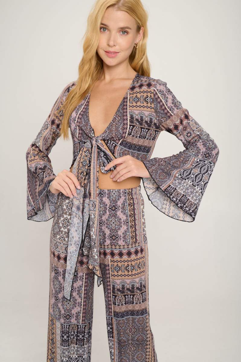 Boho Chic Bell Sleeve Crop Top and Wide Leg Pant Set | Apparel | Kitchen + Metal