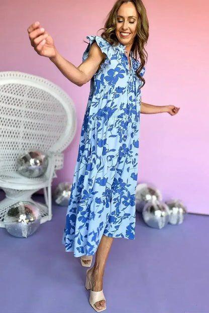 Rose Floral Print Tiered Flutter Sleeve Maxi Dress