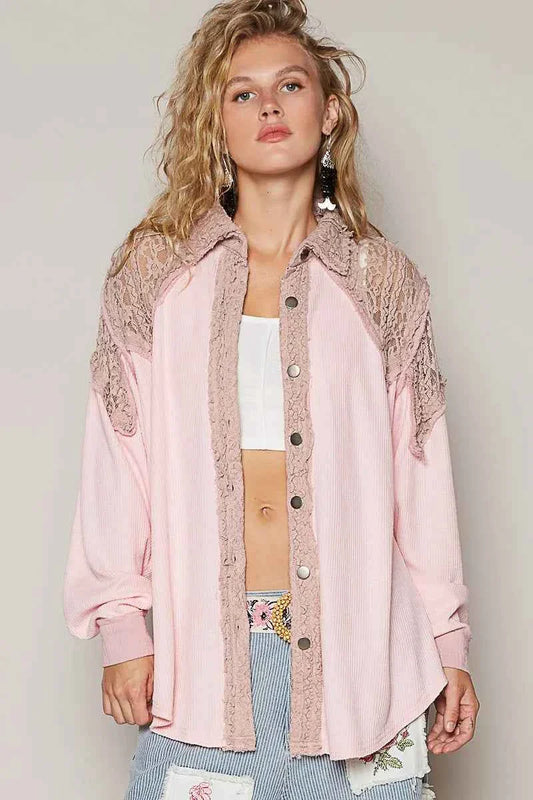 POL Lace Patchwork Shacket - Stylish Button-Up Layer Piece