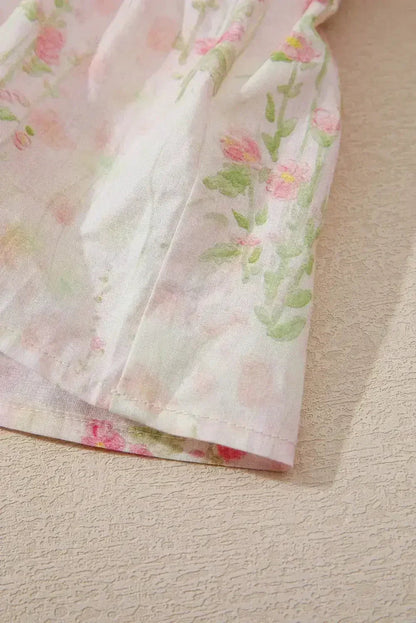 Pink Floral Puff Sleeve Square Neck Knotted Backless Ruffle Mini Dress