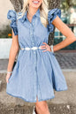 Beau Blue Ruffle Sleeve Button Down A-line Mini Denim Dress