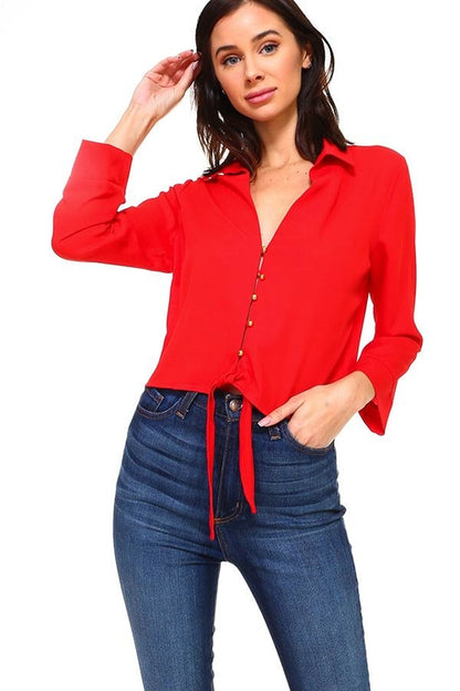 Solid Button Down Tie Front Blouse | Apparel | Kitchen + Metal
