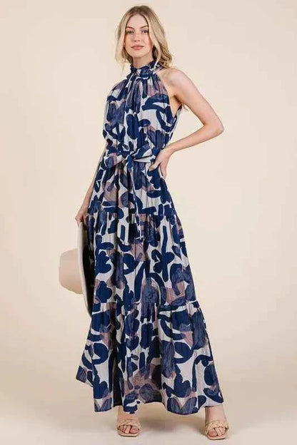 Lime and Chili Maxi Dress - Abstract Halter Neck Tie-Waist Tiered Design