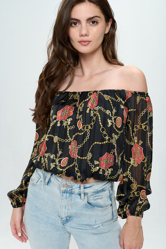 Off-Shoulder Printed Crop Top with Long Sleeves | Apparel | Kitchen + Metal