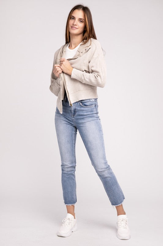 ZENANA Acid Wash Cotton Waffle Hooded Zip-Up Jacket
