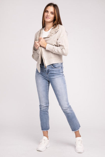 ZENANA Acid Wash Cotton Waffle Hooded Zip-Up Jacket