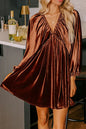Clay Elastic V Neck Puff Sleeve Flowy Velvet Dress