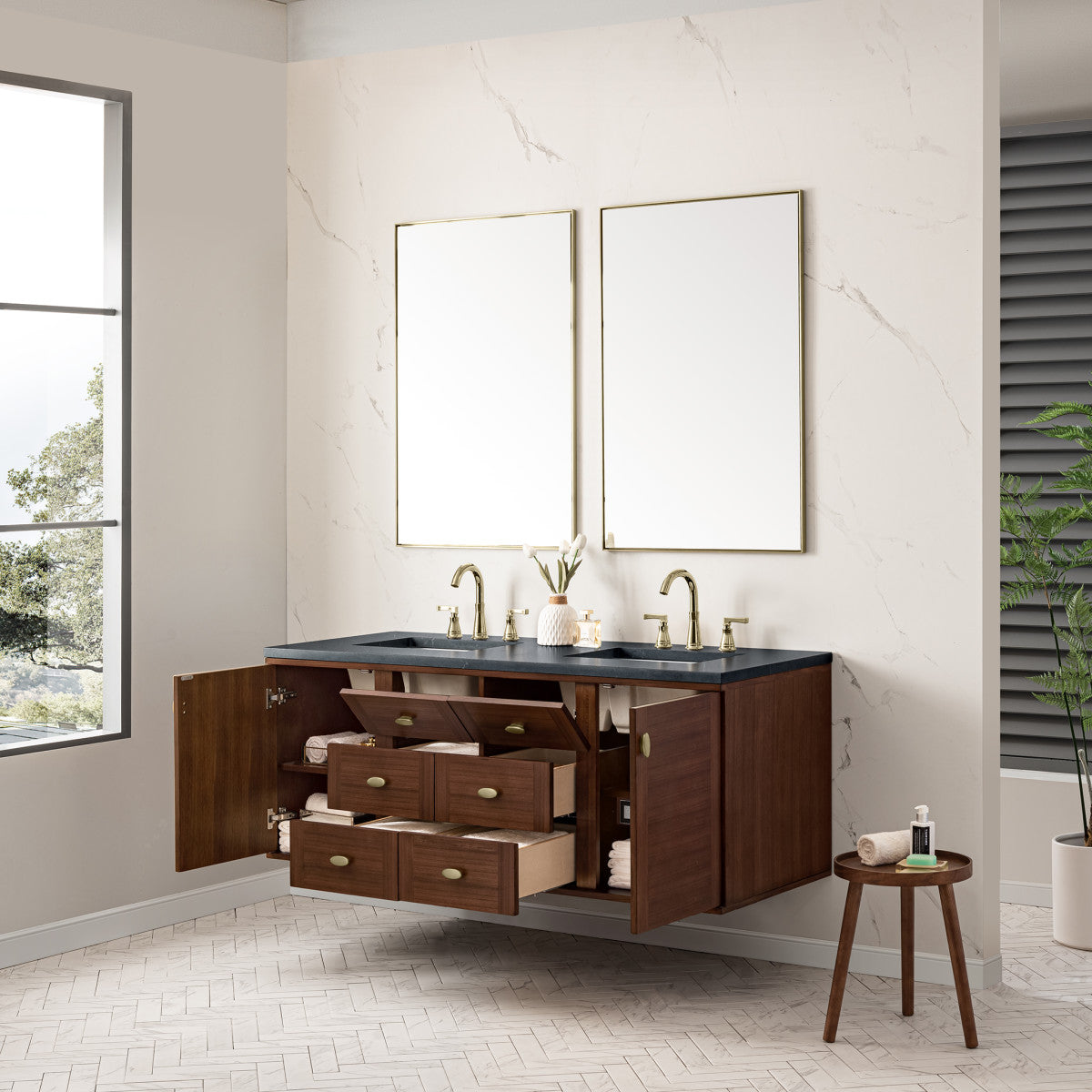 Amberly 60" Double Vanity Cabinet, Mid-Century Walnut