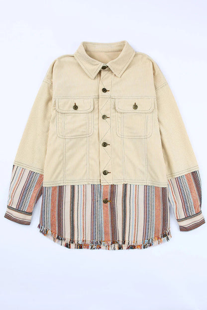 Beige Color Block Corduroy Jacket | Striped Button Up Design - Femstylo