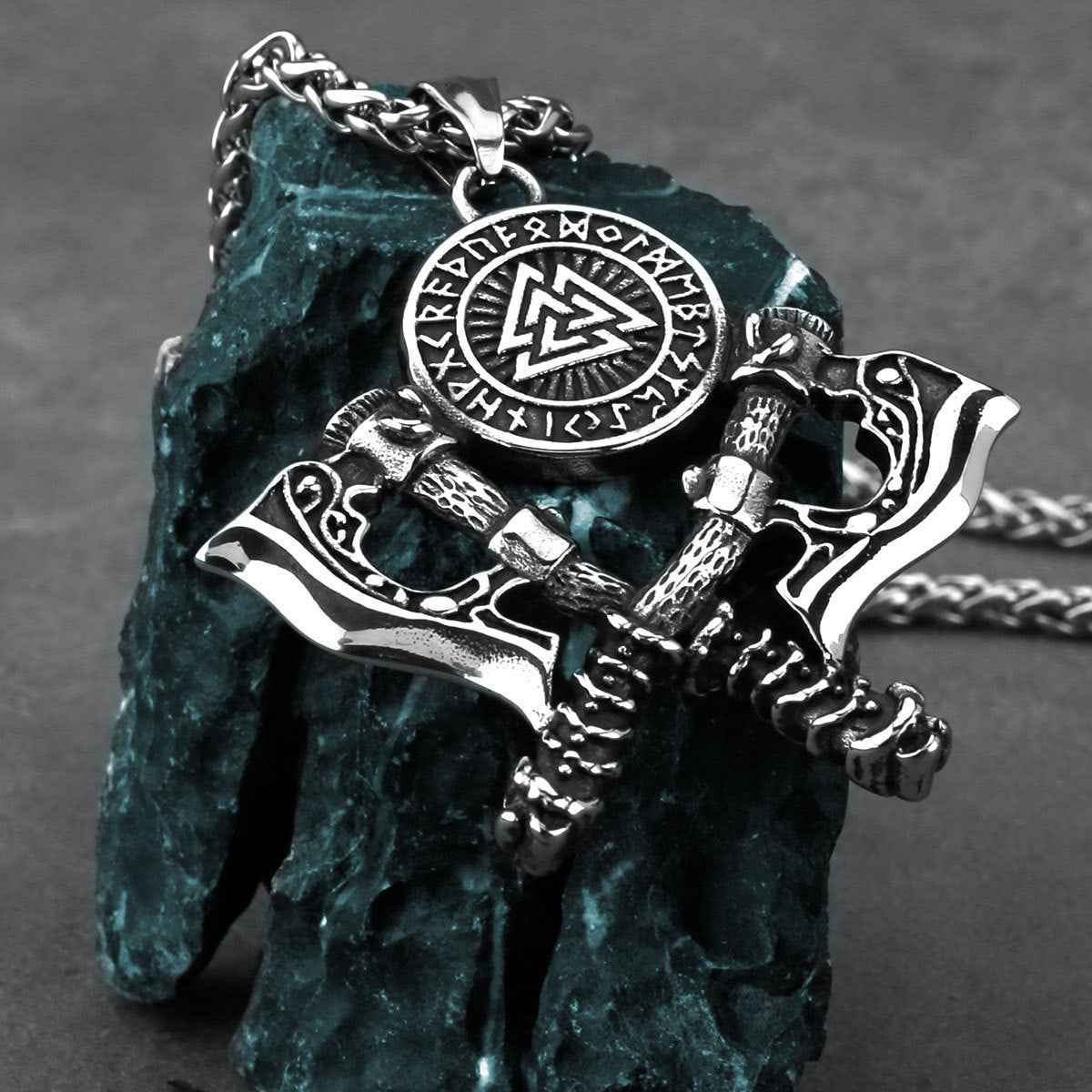 Men's Stainless Steel Axe Pendant Necklace - Double Axe Design