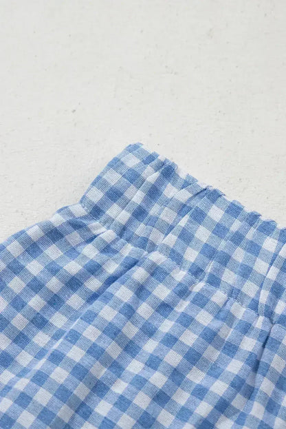 Blue Vintage Gingham Print High Waisted Loose Shorts