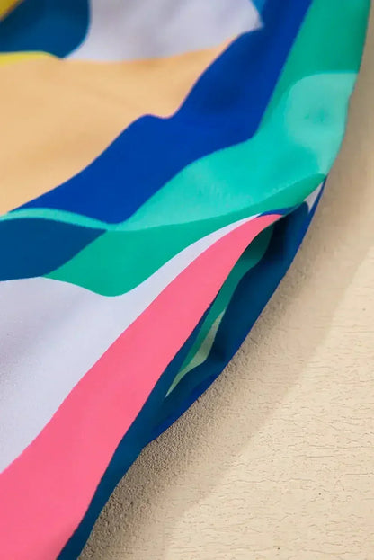 Blue Abstract Print V-Neck Short Sleeve Mini Dress