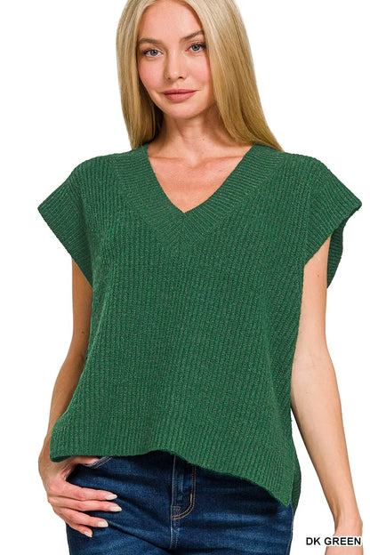 Zenana Oversized Sweater Vest with Side Slit in Green