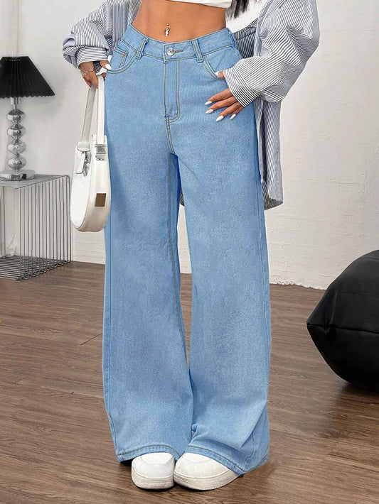 Embroidered Wide Leg Jeans with Bow Back for Women