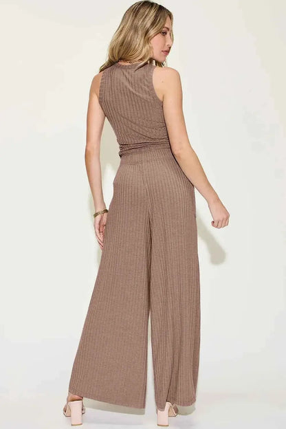 Ribbed Tank and Pants Set with Wide Leg Style