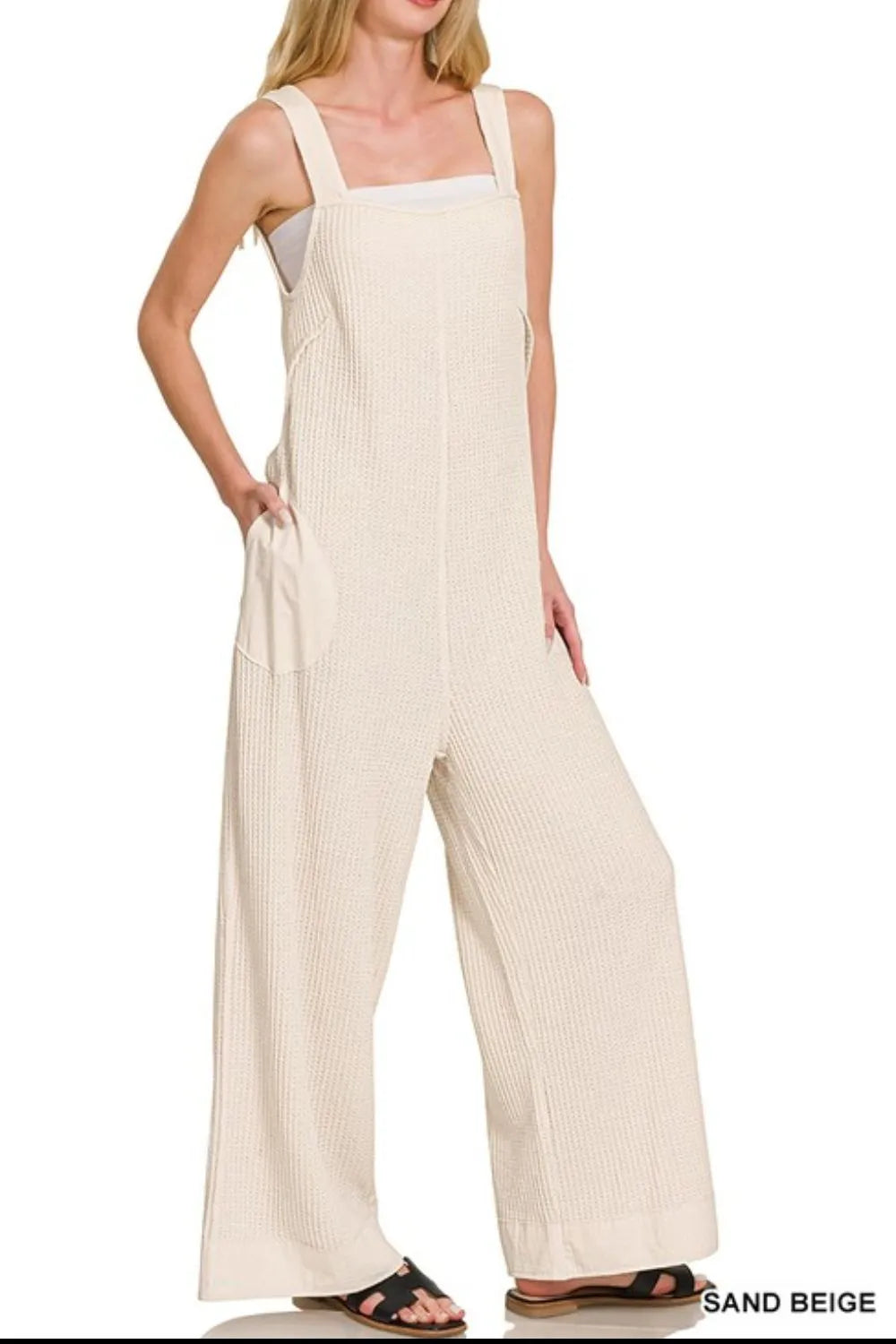 Zenana Knit Waffle Wide Leg Overalls in Beige