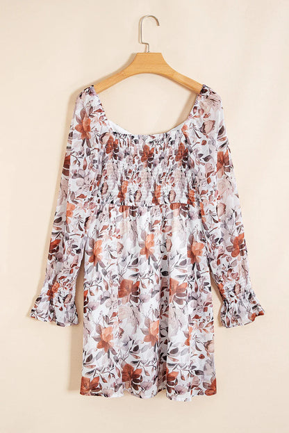 White Floral Print Sweetheart Neck High Waist Mini Dress