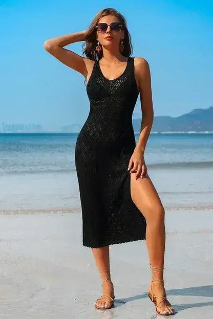 Crochet Beach Coverup Dress – High Split Maxi with U-Neck