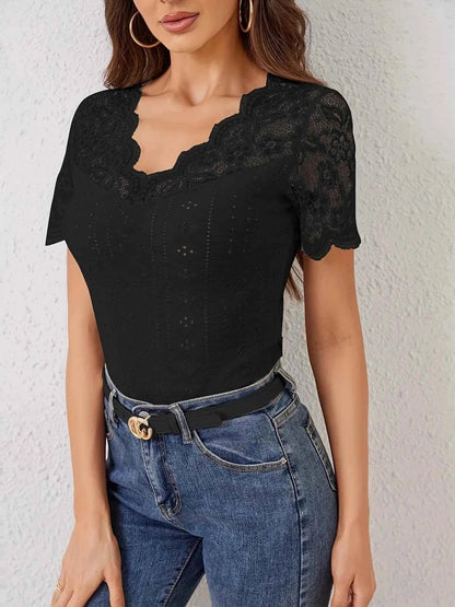 Lace Trim Eyelet Embroidered Summer T Shirt