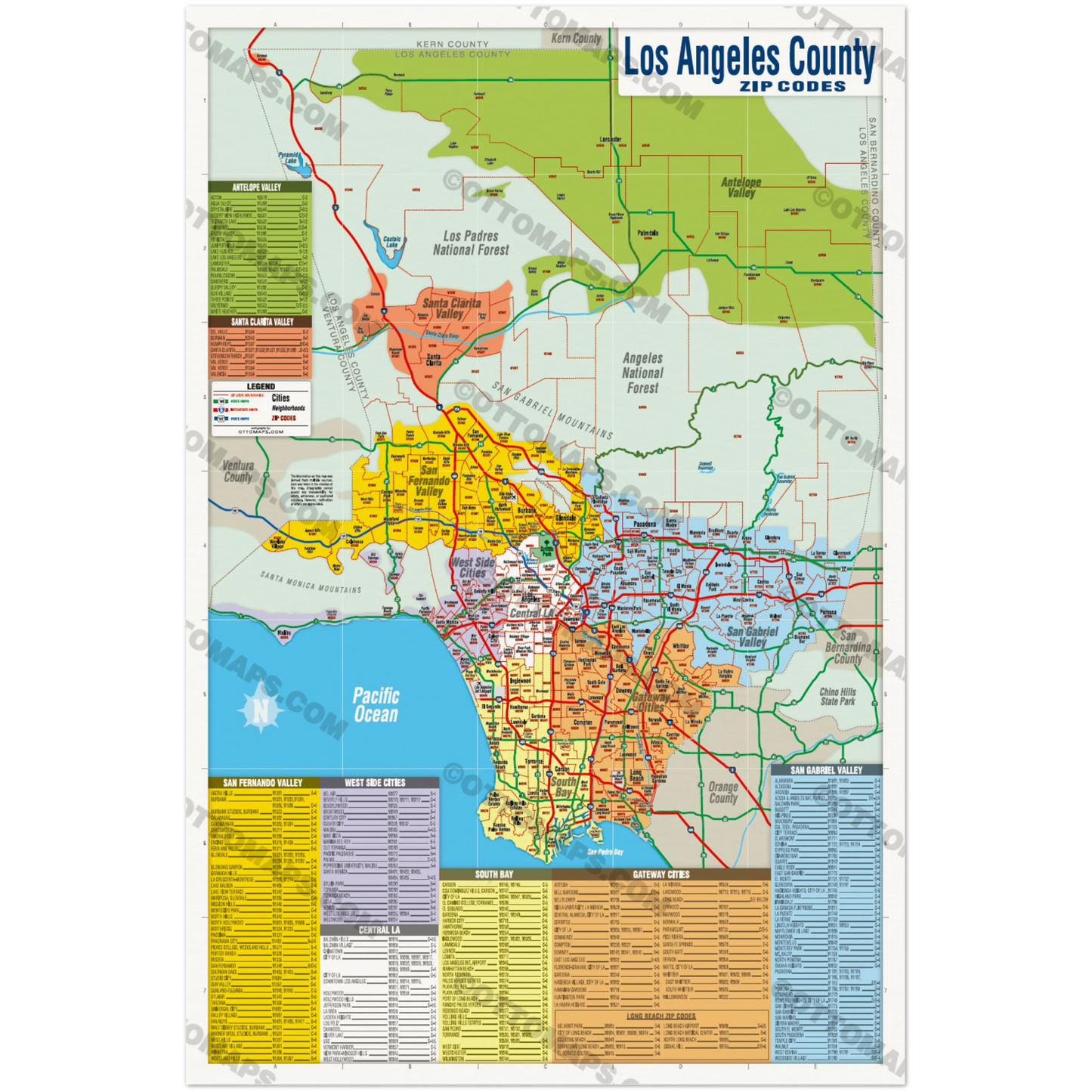 Los Angeles Zip Code Map - FULL (Counties Colored) - POSTER PRINTS