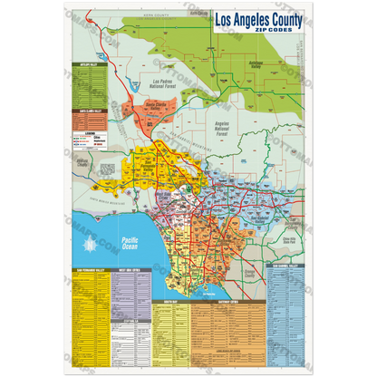 Los Angeles Zip Code Map - FULL (Counties Colored) - POSTER PRINTS
