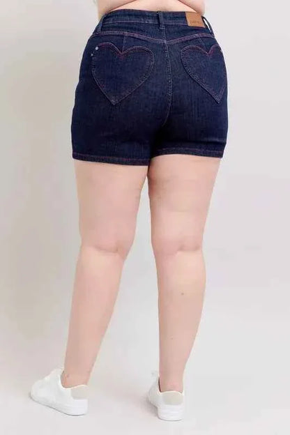 Judy Blue Plus Size High Waist Denim Shorts with Heart Shaped Pockets & Red Contrast Thread
