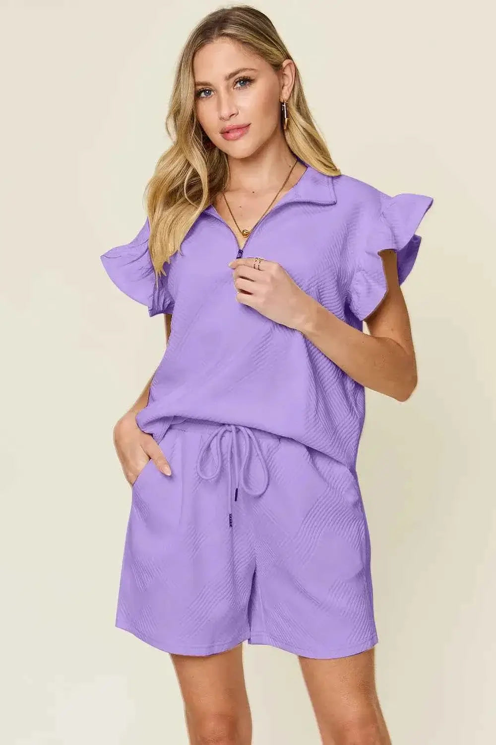 Plus Size Flounce Sleeve 2 piece top and shorts set