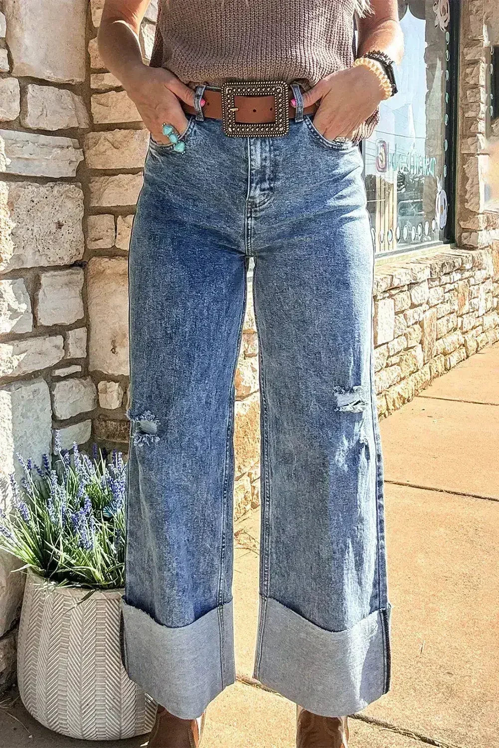 Ashleigh Blue Mineral Wash Distressed Wide Leg Jeans