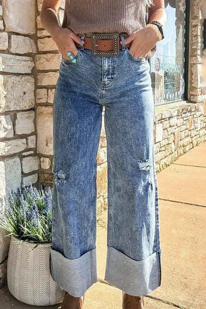 Ashleigh Blue Mineral Wash Distressed Wide Leg Jeans