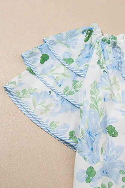 Sky Blue Floral Contrast Edge Ruffle Sleeve Tie Neck Mini Dress