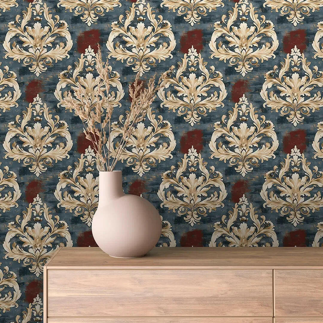 Regal Slate & Crimson Damask