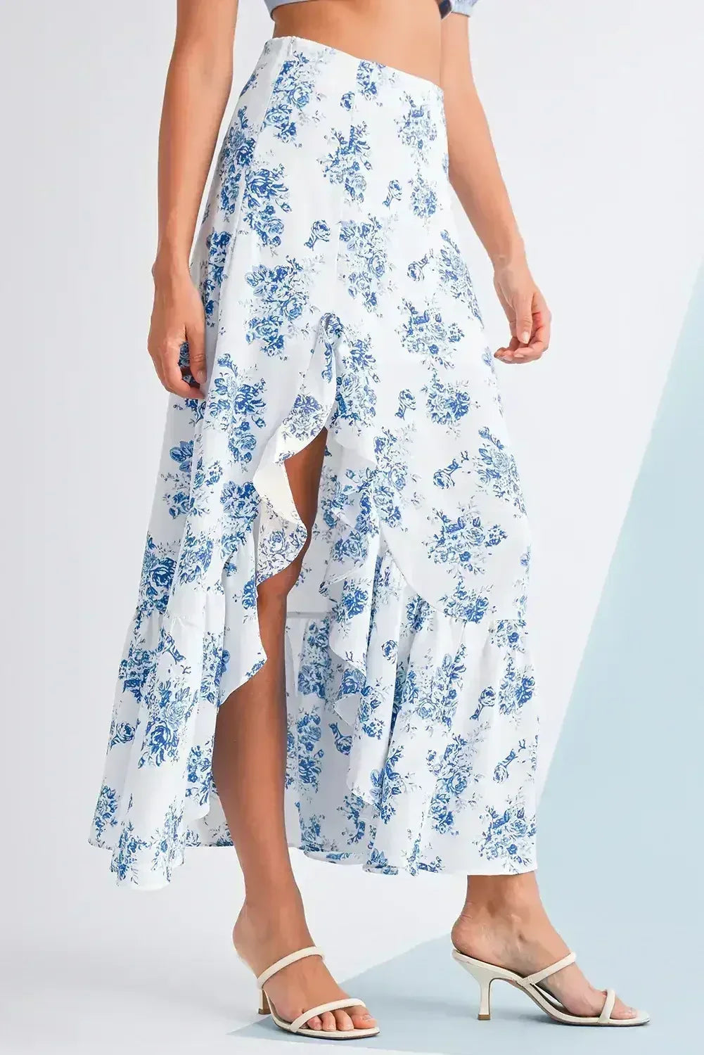 Sky Blue Boho Floral High Waist Ruffle Split Maxi Skirt