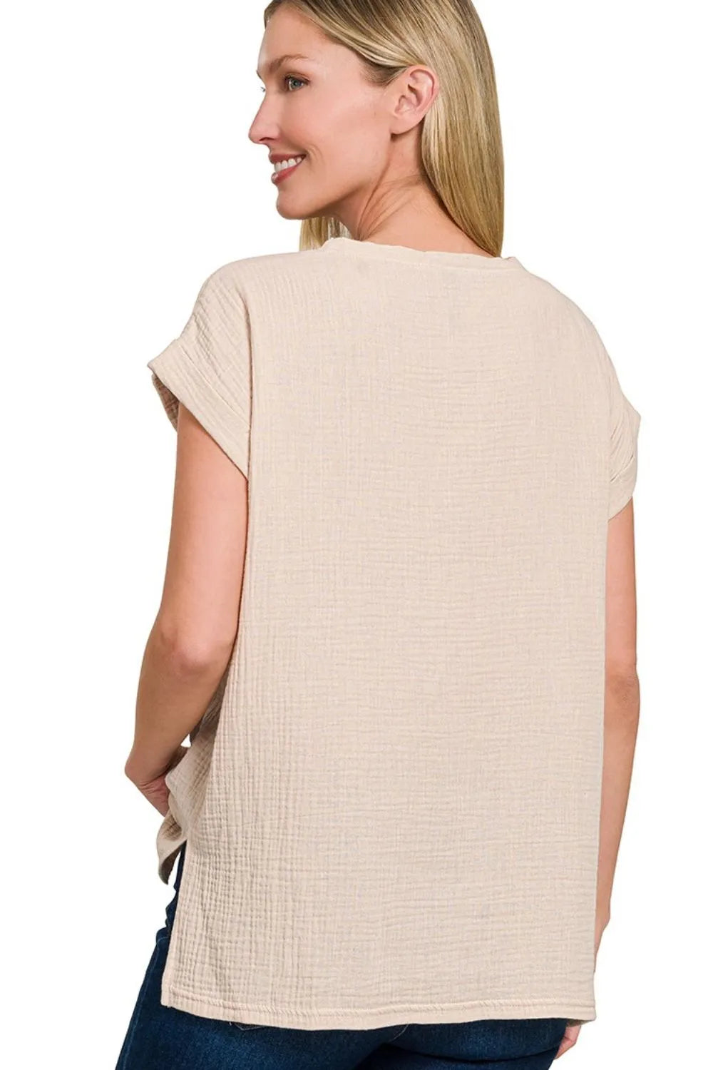 Zenana Double Gauze Round Neck Folded Short Sleeve Top in Beige