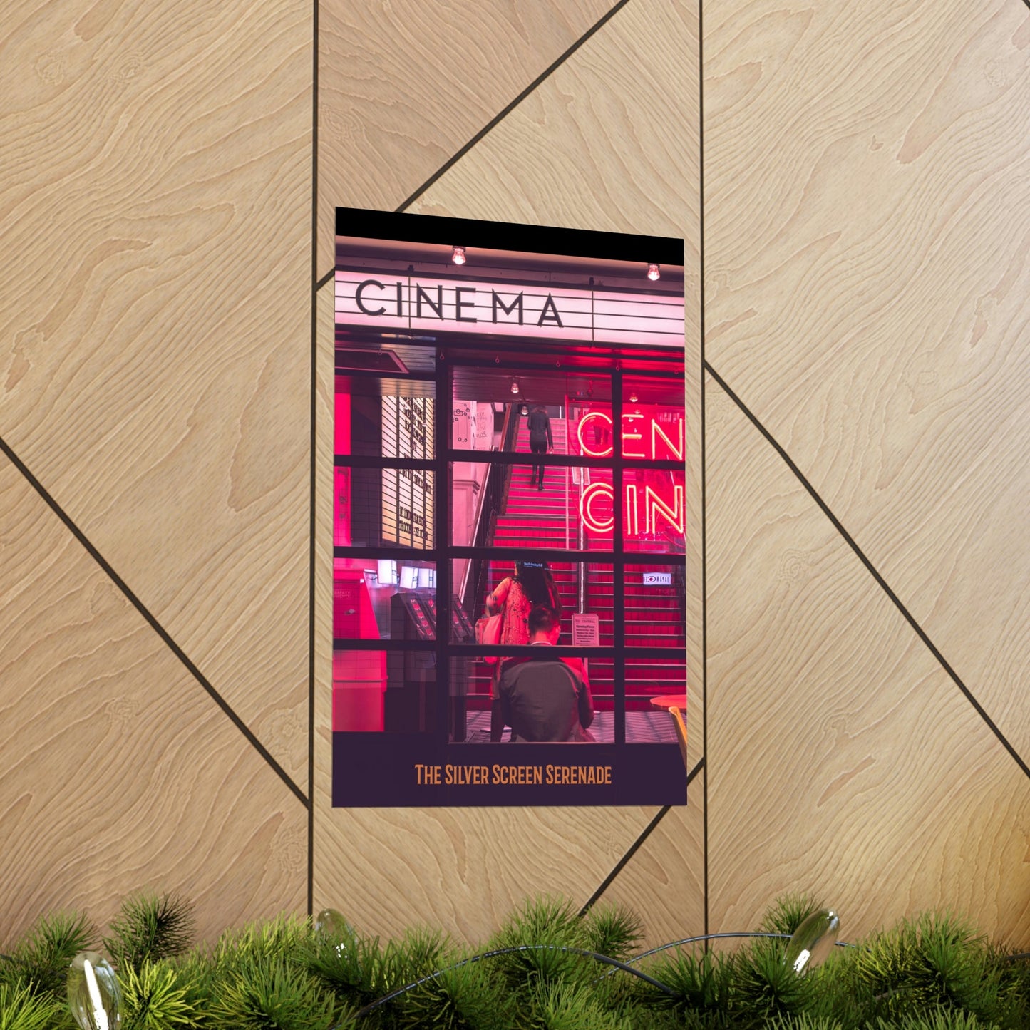 Poster of a cinema with pink lighting on a wooden panel background