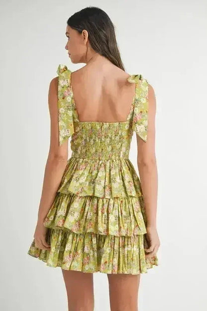 MABLE Floral Mini Dress – Adjustable Shoulder Tie Layered Design