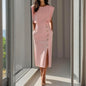 Women's Solid Color Round Neck Short Sleeve Dress With Side Slit, Button & Pockets - A-Line Cinched Waist Summer Casual Office Wear