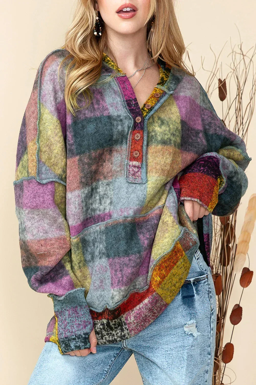 Plaid Henley Hoodie – Kangaroo Pocket & Thumbholes | Femstylo