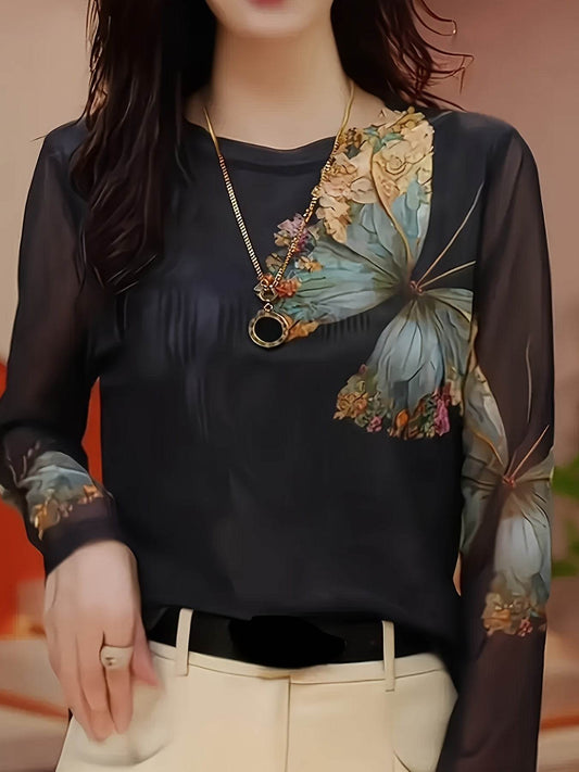 Floral Butterfly Print Women’s Tulle Top Long Sleeve Semi-Sheer Shirt