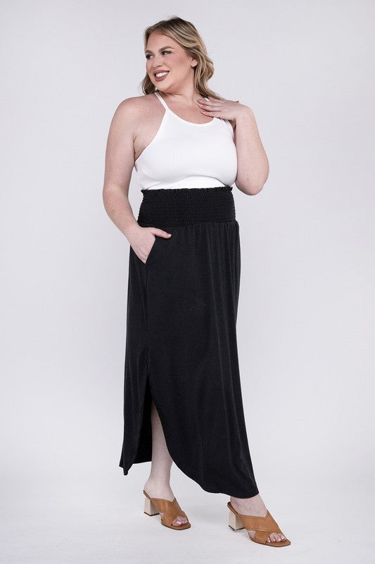 ZENANA Plus Smocked Waist Side Slit Maxi Skirt w/ Pockets