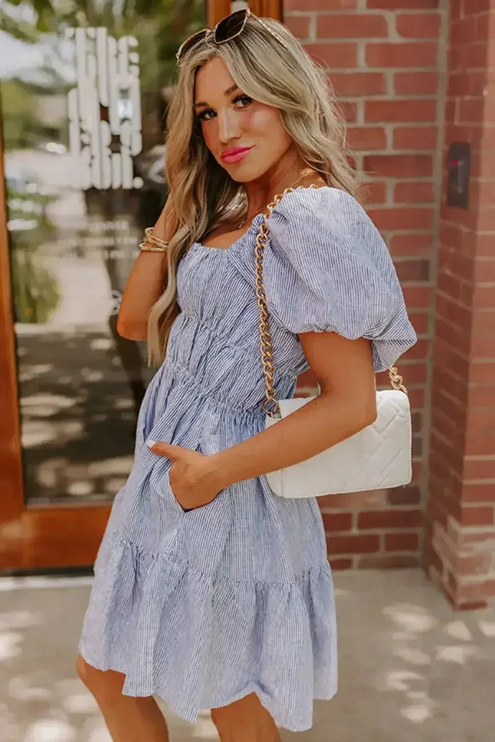 Sky Blue Stripe Bubble Sleeve Square Neck Ruched Pocket Babydoll Dress