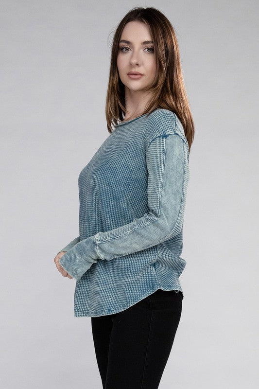 ZENANA Washed Baby Waffle Long Sleeve Top