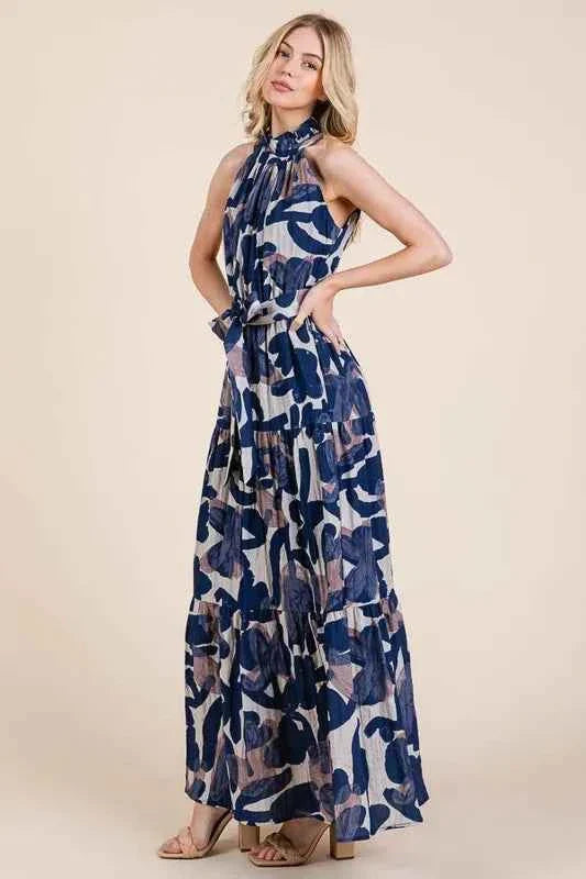 Lime and Chili Maxi Dress - Abstract Halter Neck Tie-Waist Tiered Design