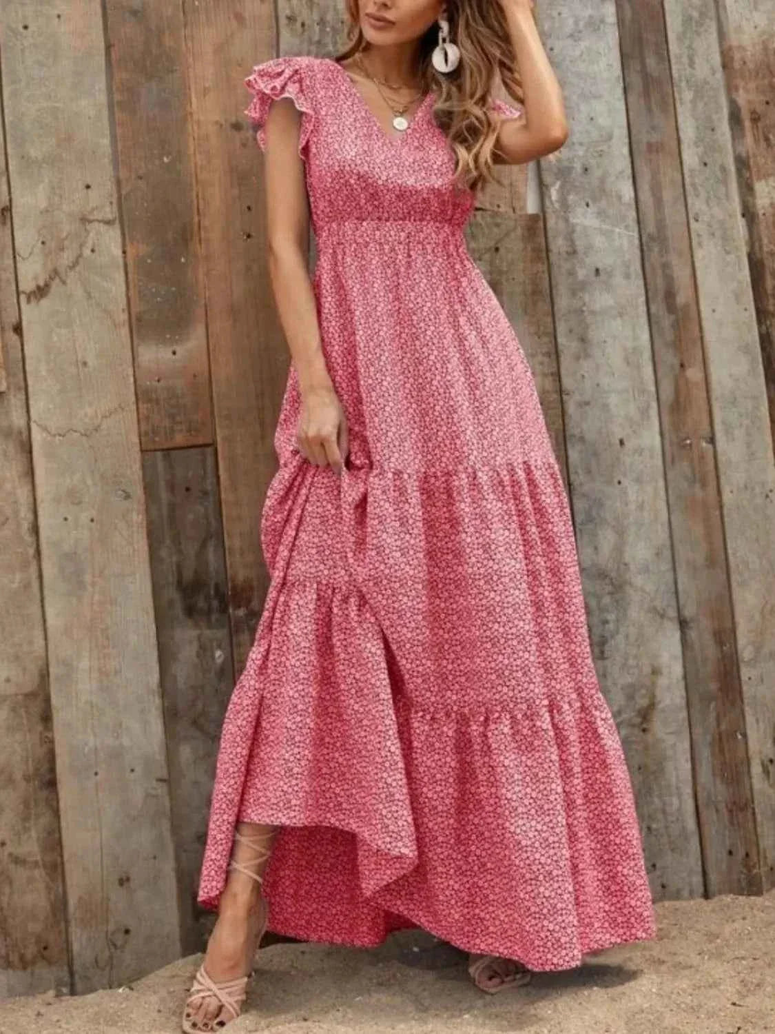 Printed V-Neck Maxi Dress with Ruffle Sleeves