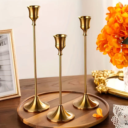 Set of 3 Brass Cone Candle Holders for Modern Decor