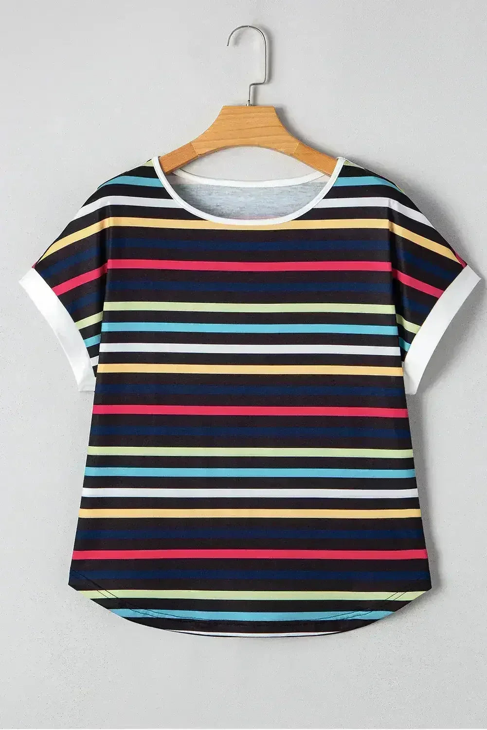 Black Colorful Striped Contrast Edge Crew Neck T Shirt