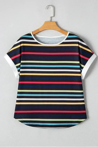 Black Colorful Striped Contrast Edge Crew Neck T Shirt