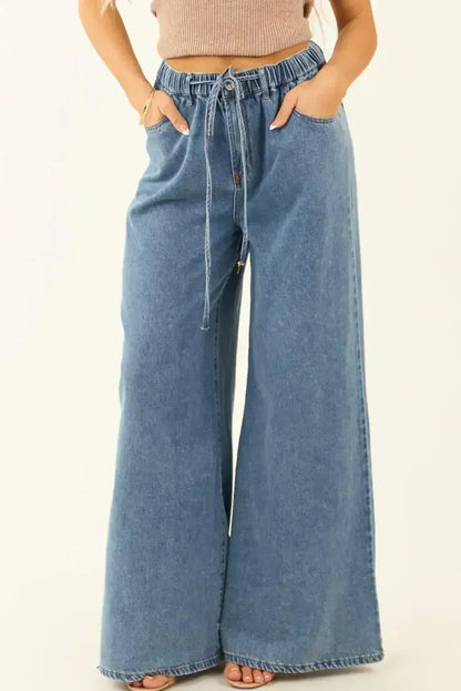 Dusk Blue Medium Wash Drawstring Waist Wide Leg Jeans